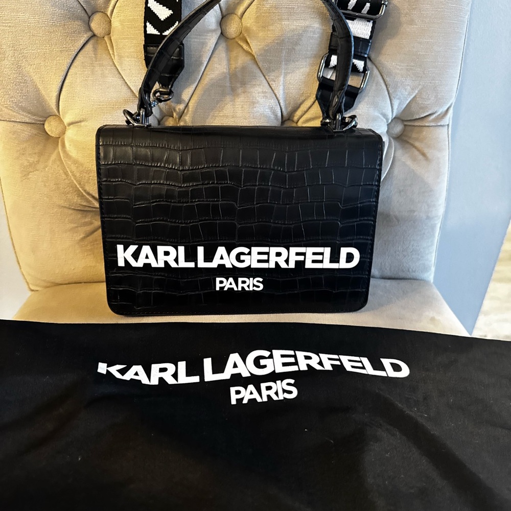 Karl Lagerfeld Black Croc-Embossed Crossbody Bag - Picture 2 of 3